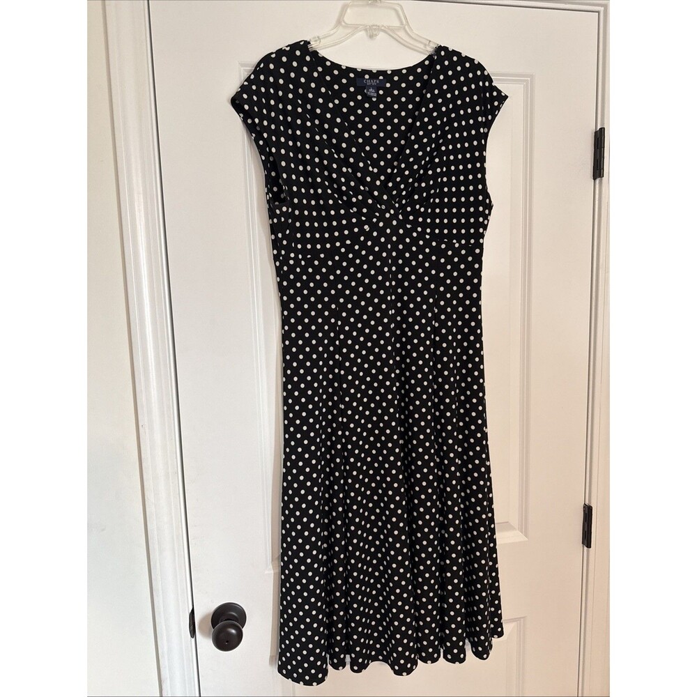 Chaps Ralph Lauren Empire Sleeveless Black & White Polka Dress LARGE